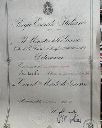 Attestato croce al merito di guerra