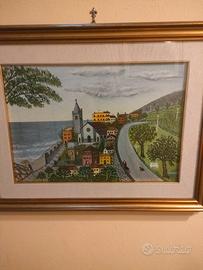 Dipinto naif olio su tela Borgata Marina