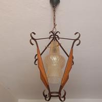 Lampadario a sospensione vetro e ferro battuto