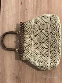 Borsa Vintage Uncinetto Macramè anni 60 70 Crema