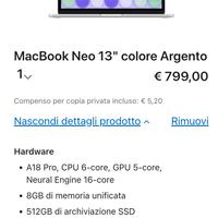 macbook neo 13" scontrino e garanzia 