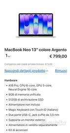 macbook neo 13" da 512gb scontrino e garanzia 