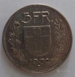 Svizzera 5 franchi 1952 R ag 835%. g 15
