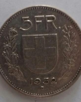 Svizzera 5 franchi 1952 R ag 835%. g 15