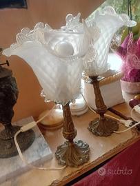 Coppia di lumi in ottone e vetro di murano antichi