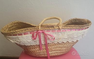 borsa in paglia con pizzo e nastro rosa