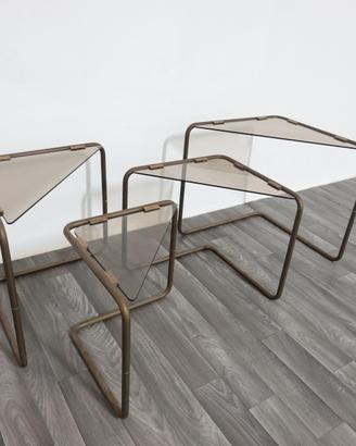 Set 4 tavolini in metallo bronzo e piano cristallo