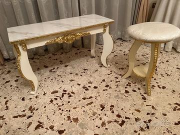 Tavolino con marmo e Pouf stile barocco bianco oro