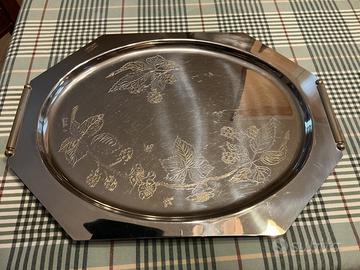 Vassoio grande da portata vintage acciaio e oro -