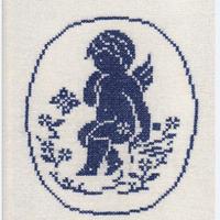 Putto blu ricamo a mano punto croce su lino-NUOVO