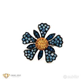 Anello Fiore Zaffiri Blu e Gialli Oro Bianco 18 kt