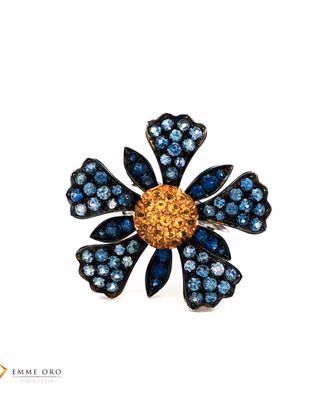Anello Fiore Zaffiri Blu e Gialli Oro Bianco 18 kt