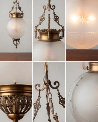 Lampadario Vintage in vetro satinato e ottone