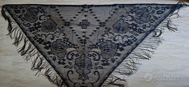 Scialle vintage pizzo nero con frange stola 190 cm