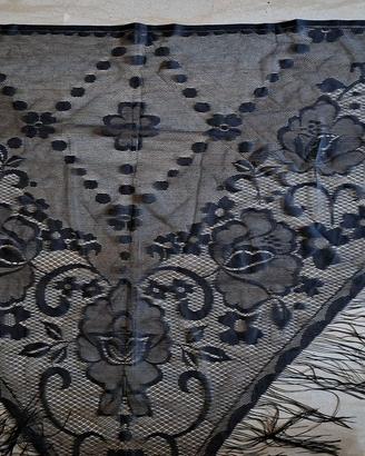 Scialle vintage pizzo nero con frange stola 190 cm