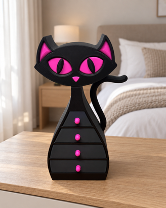 Portagioie gatto nero e fucsia con 6 scomparti