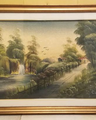 Quadro "Paesaggio fluviale con cascata e casolari"