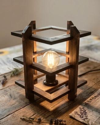 lampada da tavolo vintage design  geometrico legno