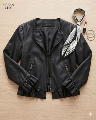 Giacca ecopelle Zara nera ruches XS chic

