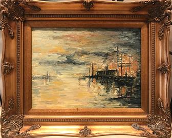 Quadro olio tela impressionista tramonto sul mare