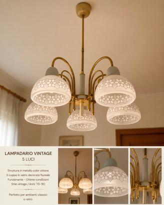 LAMPADARIO VINTAGE 5 LUCI CON VETRI DECORATI