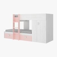 Letto a castello con armadio e cassetti.