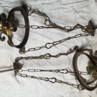 Coppia lampadari ottone e legno vintage