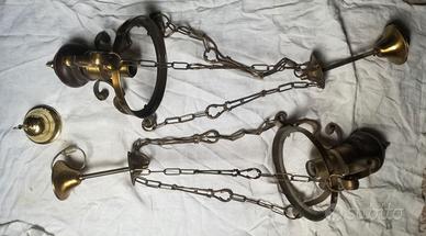 Coppia lampadari ottone e legno vintage