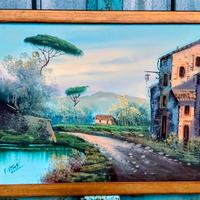 Quadro con paesaggio e Casolare dipinto a mano.
