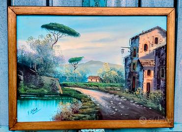 Quadro con paesaggio e Casolare dipinto a mano.
