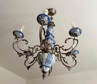 Lampadario in ferro e ceramica anni 60 + abat-jour