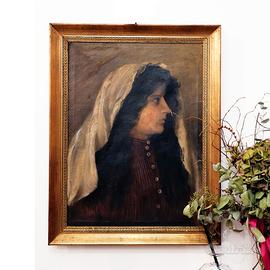 Quadro Antico Dipinto a Olio - Ritratto di Donna