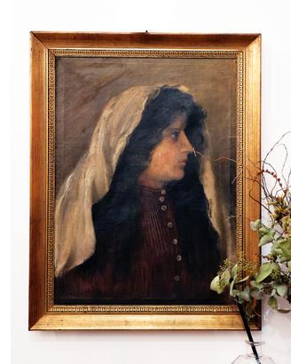 Quadro Antico Dipinto a Olio - Ritratto di Donna