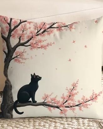 Copricuscino decorativo gatto e fiori di ciliegio