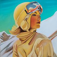 Ritratto di donna montagna sci olio su tela 50x50