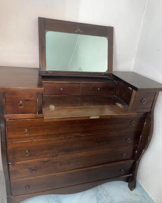 Comò a ribalta con specchiera a scomparsa in legno