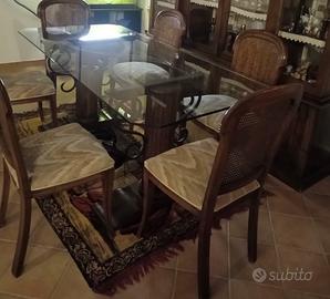 Tavolo cristallo e noce 190x90 ferro battuto