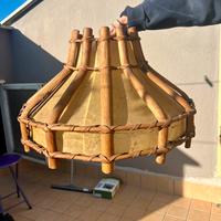 Lampadario pelle e legno etnico artiginale