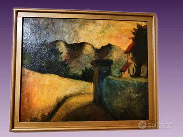 Antico dipinto ad olio su tavola materico