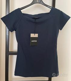 Aspesi t-shirt blu, scollo quadrato, manica corta.