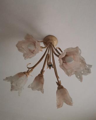 Lampadario 6 punti luce vetro e metallo anticato