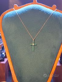 Collana Croce Argento 925 Zirconi Smeraldo Nuova