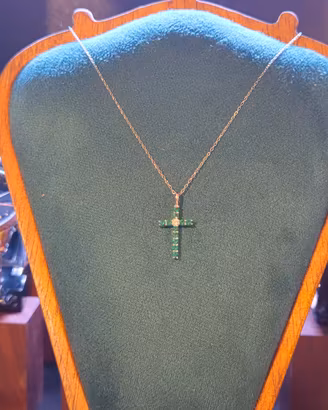 Collana Croce Argento 925 Zirconi Smeraldo Nuova