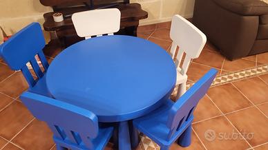 Tavolo tondo per bambini blu con 5 sedie