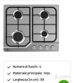 Piano cottura gas 4 fuochi