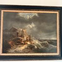 Mareggiata su tela fine Ottocento mare del Nord