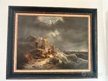 Mareggiata su tela fine Ottocento mare del Nord