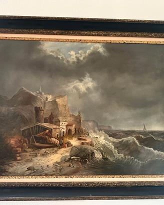 Mareggiata su tela fine Ottocento mare del Nord