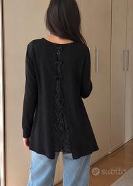 Maglione nero scollo rotondo pizzo e fiocchi