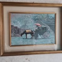 Quadro scena invernale con carrozza a cavallo